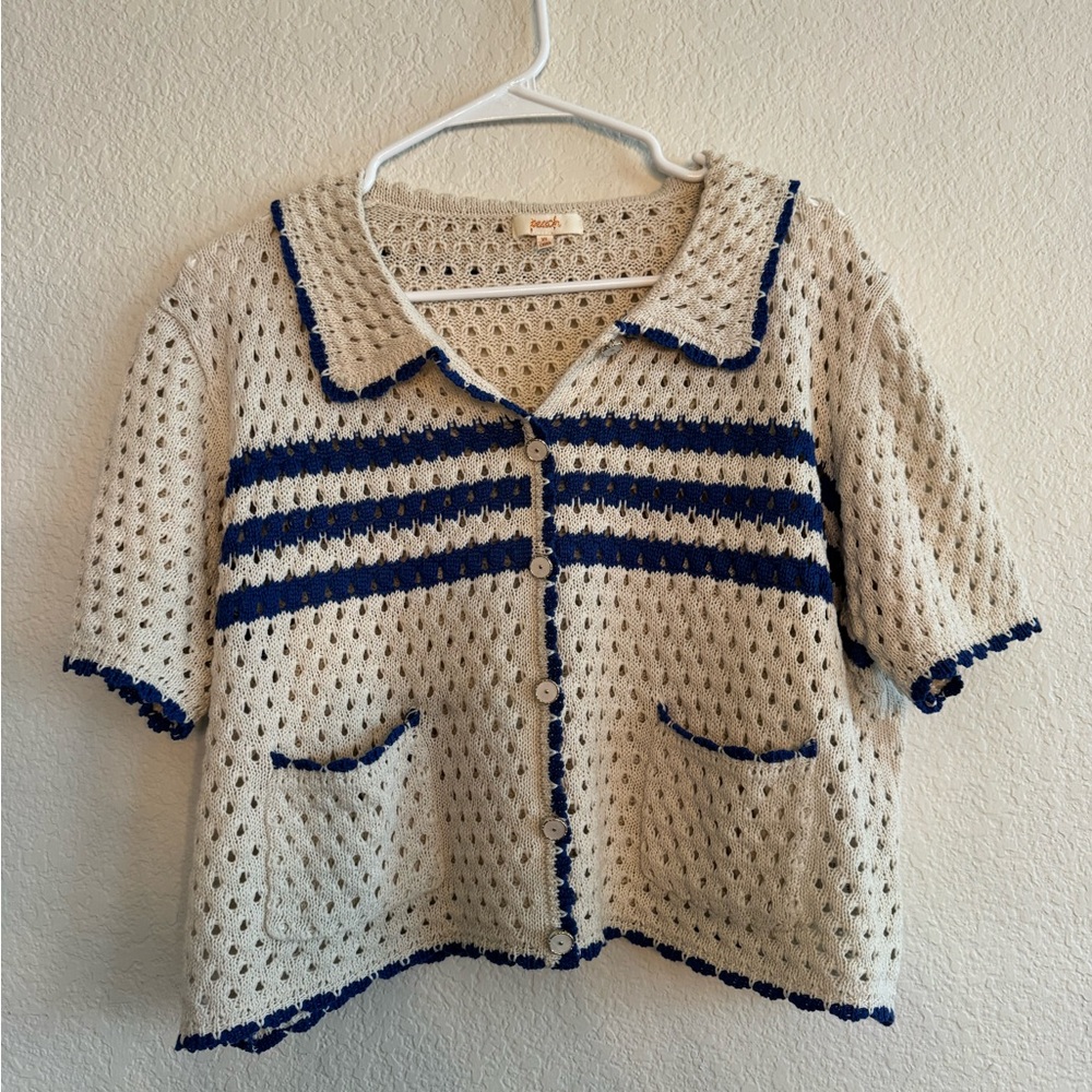 Beach Crochet Knit Cardigan Cropped Cream & Blue Striped Size XL